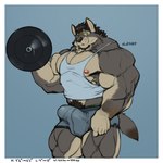 anthro areola bicep_curl biceps big_bulge big_muscles biped black_hair body_size_growth border bottomwear bulge clothing detailed_bulge exercise flaccid fur genital_outline genitals green_eyes grey_body grey_fur growth growth_sequence hair huge_muscles male muscle_growth muscular nipples penis penis_outline shirt shorts sideways-pointing_bulge size_transformation solo standing tank_top topwear transformation weightlifting white_border workout oldshep george_(yuri)_kuznetsov canid canine canis mammal wolf 1:1 2020 digital_drawing_(artwork) digital_media_(artwork)