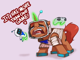 ambiguous_feral ambiguous_gender bodily_fluids box box_on_head cardboard cardboard_box clothing container controller costume cutie_mark dialogue feral horn male plushie ps5_controller solo tears text witchtaunter astro_bot_(series) hasbro my_little_pony mythology fan_character bot_(astro_bot) equid equine mammal mythological_creature mythological_equine unicorn english_text hi_res