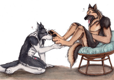 anthro anthro_on_anthro black_body black_fur black_nose black_pawpads blue_eyes brown_body brown_fur duo feet foot_fetish foot_sniffing fur genitals kneeling male male/male male_anthro mouth_closed nude open_mouth orange_body orange_eyes orange_fur pawpads penis penis_tip side_view simple_background sitting sniffing tongue tongue_out white_background white_body white_fur kola_(artist) border_collie canid canine canis collie domestic_dog german_shepherd herding_dog mammal pastoral_dog sheepdog 2024 dated signature