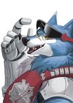 ale anthro armor blue_body blue_fur eyewear eyewear_on_head fur male sharp_teeth smile solo sunglasses sunglasses_on_head teeth yellow_eyes carina2cl bandai_namco digimon canid canine digimon_(species) machgaogamon mammal absurd_res hi_res