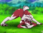 2021 3_fingers 3_toes anthro ass_up blurred_background breasts canid canine claws day digital_media_(artwork) feet female female_anthro finger_claws fingers full-length_portrait fur generation_7_pokemon grass hair jack-o'_pose looking_at_viewer lycanroc mammal meme midnight_lycanroc mu_(pixiv) multicolored_body multicolored_fur nintendo nude outdoor_nudity outside paws plant pokemon pokemon_(species) portrait pose red_body red_eyes red_fur sharp_teeth side_boob signature solo spread_legs spreading tail teeth toe_claws toes tongue tongue_out two_tone_body two_tone_fur white_body white_fur white_hair