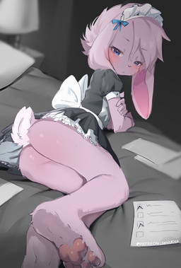 anthro blue_eyes blush body_blush butt butt_blush clothed clothing crossdressing fur hair inside lamp long_ears looking_at_viewer lying maid_headdress maid_uniform male no_underwear on_side pawpads paws pillow pink_body pink_fur pink_hair pink_pawpads short_hair solo uniform young young_anthro young_male janiskisa lagomorph leporid mammal rabbit colored digital_drawing_(artwork) digital_media_(artwork) shaded