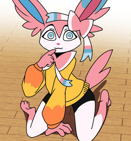 4_fingers :3 anthro blue_body blue_eyes blue_fur blue_inner_ear bow_(anatomy) cat_smile closed_smile clothed clothed_anthro clothed_male clothing compression_shorts detailed_background fingers floor fur kneeling looking_at_viewer male mouth_closed pink_body pink_fur pink_inner_ear pink_nose pink_tail pokemorph ribbons_(anatomy) smile solo sweater tail topwear white_body white_fur wood wood_floor yellow_clothing yellow_sweater yellow_topwear odeko-yma nintendo pokemon pix_(odeko-yma) eeveelution generation_6_pokemon pokemon_(species) sylveon 2025 hi_res