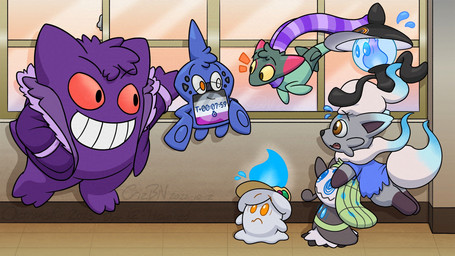 ambiguous_gender asexual_pride_colors big_eyes black_clothing black_hat black_headwear blue_clothing blue_eyes blue_fire blue_shirt blue_topwear bodily_fluids brown_eyes clothed clothing colored_fire dipstick_arms dipstick_tail eye_contact eyebrow_through_hair eyebrows feral fire floating group hair hat hat_on_fire head_tuft headgear headwear jacket lamp lgbt_pride long_scarf looking_at_another markings one_eye_closed orange_eyes pantsless pokedex pride_colors purple_body purple_clothing purple_jacket purple_scarf purple_topwear red_eyes scarf school school_hallway shirt smile sweat sweatdrop tail tail_markings timer timer_display topwear translucent translucent_hair tuft wearing_hat wink winking_at_another yellow_clothing yellow_eyes yellow_hat yellow_headwear crizbn nintendo pokemon chris_(crizbn) dreepy generation_1_pokemon generation_4_pokemon generation_5_pokemon generation_7_pokemon generation_8_pokemon gengar hisuian_form hisuian_zorua lampent legendary_pokemon litwick meloetta mimikyu pokemon_(species) regional_form_(pokemon) rotom rotom_pokedex 16:9 2025 hi_res widescreen nonbinary_(lore)