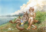 anthro cloud duo female field hair lake nature outside sky tail nekoart domestic_cat felid feline felis mammal 2010 traditional_media_(artwork)