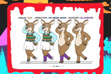 1980s_theme anthro belt bottomwear butt clothing female footwear fur hand_on_hip horror_(theme) humor leg_warmers leg_warmers_only legwear markings nude pointy_ears pose shoes skirt sneakers solo spots spotted_body spotted_butt spotted_fur sweater sweater_vest tail text topwear vest alystairphantem the_party_animals amber_venison_(the_party_animals) deer mammal 3:2 absurd_res english_text hi_res model_sheet pinup