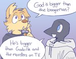 anthro biped blue_eyes clothing dialogue duo fur gradient_background grey_clothing grey_hoodie grey_topwear hoodie male purple_eyes question_mark simple_background smile speech_bubble tan_body tan_fur text topwear clawheld veggietales cianan avian bird canid canine canis corvid domestic_dog jackdaw mammal oscine passerine artist_name english_text handwritten_text