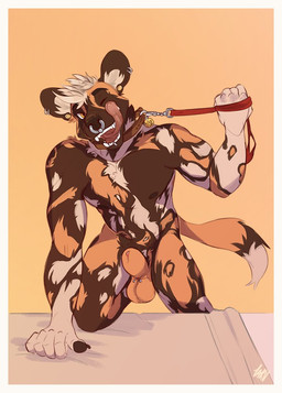 5_fingers animal_genitalia anthro balls biped black_nipples border brown_body brown_fur collar detached_sheath ear_piercing facial_piercing fingers fur furgonomic_piercing furgonomics gauged_ear genital_piercing genitals hair leash leash_pull licking licking_lips licking_own_lips lip_piercing male multicolored_body multicolored_fur nipples nose_piercing nose_ring nude offering_leash one_eye_closed open_mouth penis penis_tip piercing raised_leg ring_piercing self_lick sheath sheath_piercing simple_background solo submissive submissive_male teeth tongue tongue_out white_body white_border white_fur white_hair wink yellow_eyes huffpup nikki_(paradisebear) african_wild_dog canid canine mammal 2017