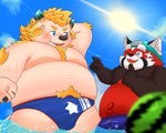 anthro belly big_belly blush bulge clothing duo kemono male moobs one_eye_closed overweight overweight_male red_body swimwear white_body wink young dagehot lifewonders tokyo_afterschool_summoners babe_bunyan_(tas) zhurong_(tas) ailurid bovid bovine cattle mammal red_panda 2024 5:4 hi_res