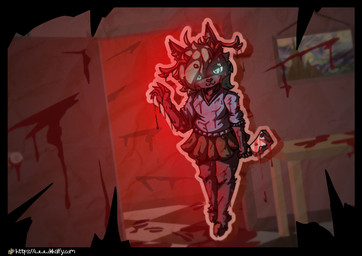 anthro antlers blood bloody_footprint blush bodily_fluids bottomwear cleaver_(knife) clothed clothing cutlery excessive_blood female fingers footprint fur gesture glistening glistening_body glowing hair hide_and_seek holding_object holding_weapon hooves horn horror_(theme) kitchen_knife kitchen_utensils knife looking_at_viewer markings melee_weapon shirt skirt smile solo sweater text tools topwear waving waving_at_viewer weapon khalfy_kun deer domestic_cat felid feline felis hybrid mammal absurd_res hi_res url