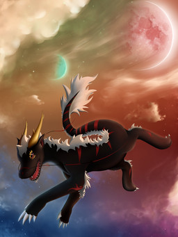 2_toes 5_fingers ambiguous_gender black_body black_ears black_tail claws dipstick_tail fangs feet feral finger_claws fingers fur horn markings multicolored_body multicolored_tail open_mouth planet red_body red_eyes red_markings red_tail red_tongue sky solo space star starry_sky striped_body striped_markings striped_tail stripes tail tail_markings teeth toe_claws toes tongue whiskers white_body white_claws white_fur white_tail white_tail_tip meraence mythology dragon furred_dragon furred_scalie mythological_creature mythological_scalie scalie 2013 3:4 hi_res