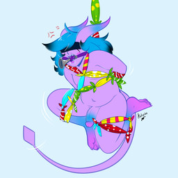 5_toes bdsm blindfold blue_hair bondage bound bulb_horn clown clown_makeup cross-popping_vein fangs feet genitals hair hankerchief male multicolored_hair multicolored_penis penis purple_body purple_skin restraints rope rope_bondage rope_harness slightly_chubby solo suspension tail teeth toes axelspike echo_(vexinglyyours) demon humanoid nonbinary_(lore)