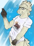 anthro biped bottomless bottomless_anthro bottomless_male clothed clothing eyewear eyewear_on_head glasses glasses_on_head looking_at_viewer male scales slim_anthro slim_male solo white_body white_scales dogipound lizard reptile scalie 2024