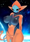 2021 absurd_res ashraely attack_forme_deoxys big_breasts biped black_nipples blue_eyes blush bodily_fluids breasts butt clothing colored curvy_figure demi_(ashraely) deoxys digital_drawing_(artwork) digital_media_(artwork) female front_view generation_3_pokemon genitals hi_res horn huge_breasts humanoid innie_pussy legendary_pokemon looking_at_viewer mammal metallic_body mouthless nintendo nipples nude pokemon pokemon_(species) pokemorph pussy raised_tail red_body simple_background solo tail tentacles text thick_thighs voluptuous wide_hips