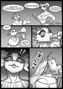 2_horns anthro big_breasts biped bottomwear breasts clothed clothing dialogue drinking duo eyebrows eyes_closed female horn larger_female male non-mammal_breasts shirt simple_background size_difference smaller_male speech_bubble tail text thick_thighs topwear pink_prawn dungeons_and_dragons hasbro mythology wizards_of_the_coast blizz_(pink_prawn) mulvan_treehugger dragon dragonborn_(dnd) kobold mythological_creature mythological_scalie scalie absurd_res comic english_text hi_res monochrome