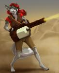 5_fingers anthro barefoot biped black_nose digitigrade feet female fingers fur green_eyes grey_body grey_fur gun hair holding_gun holding_object holding_ranged_weapon holding_weapon ranged_weapon red_hair smile solo teeth weapon silvermoonfox team_fortress_2 valve heavy_(team_fortress_2) canid canine canis domestic_dog mammal