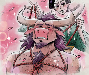 anime_style asian_clothing bdsm blush bondage bound cherry_blossom clothed clothing east_asian_clothing eyes_closed female flower hair horn japanese_clothing long_horn male male_focus pink_background plant prunus_(flower) purple_hair restraints rope rope_bondage rope_harness rope_pull simple_background submissive submissive_male topless topless_male asian_mythology east_asian_mythology european_mythology greek_mythology japanese_mythology monster_prom_(series) mythology morty_(monster_prom) bovid bovine mammal minotaur rokurokubi yokai official_art