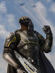 aircraft airplane anthro armor cape clothing cloud democracy gesture gun jet male ranged_weapon rifle salute scope sky solo vehicle weapon techiesxc helldivers accipitrid accipitriform avian bird eagle digital_media_(artwork) hi_res painting_(artwork) portrait sketch