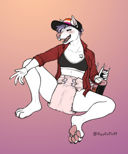 alcohol_bottle beverage_bottle bottle clean_diaper clothed clothing container diaper female fur hat headgear headwear lesbian_pride_colors lgbt_pride pride_colors simple_background tail tail_motion tailwag tattoo wearing_diaper white_body white_fur floofnfluff canid canine mammal absurd_res hi_res