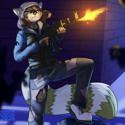 action_pose anthro biped boots bottomwear claws clothed clothed_anthro clothed_male clothing combat_vest eyebrows femboy fingerless_gloves fingers footwear front_view fully_clothed fully_clothed_anthro fully_clothed_male fur gloves gun hair handwear hat headgear headwear long_hair long_tail male markings outside pants patched_clothing pose raised_eyebrow ranged_weapon rifle ring_(marking) ringed_tail shoes shooting shooting_gun solo standing striped_markings striped_tail stripes tail tail_markings topwear torn_bottomwear torn_clothing torn_jacket torn_pants ushanka weapon monstercheetah kalashnikov aster_(astervera) ailurid mammal red_panda 1:1 2026 digital_drawing_(artwork) digital_media_(artwork) hi_res