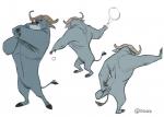 anthro ball biped casual_nudity featureless_crotch feet fur grey_body grey_fur holding_object hooves horn leaning male nude on_one_leg simple_background solo standing stretching tail tail_tuft tennis_racket tuft white_background cory_loftis disney zootopia chief_bogo bovid bovine cape_buffalo mammal hi_res official_art partially_colored