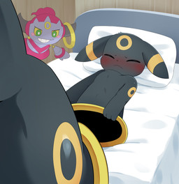 ambiguous_gender bed black_body black_fur black_nose blush detailed_background duo ears_aside eyes_closed feral fur furniture grey_body lying markings mouth_closed multicolored_body non-euclidean_sex on_back on_bed paws pink_body portal_ring portal_sex quadruped sex thinking_with_portals yellow_markings sum nintendo pokemon eeveelution generation_2_pokemon generation_6_pokemon hoopa hoopa_(confined) legendary_pokemon pokemon_(species) umbreon absurd_res hi_res