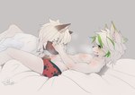 anthro bedding blush body_blush boxers_(clothing) clothed clothing clothing_pull dark_body drooling_on_partner duo green_eyes green_highlights highlights_(coloring) holding_head licking licking_lips licking_own_lips light_body looking_at_another looking_at_partner lying male male/male on_back pattern_boxers pattern_clothing pattern_underwear paw_boxers paw_pattern paw_pattern_boxers paw_pattern_underwear paw_underwear red_boxers red_clothing red_underwear self_lick shirt tongue tongue_out topless topwear tuft_grab underwear underwear_only underwear_pull white_clothing white_shirt white_topwear young young_anthro young_on_young mooco_(artist) canid canine canis mammal wolf signature