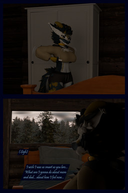 anthro arm_warmers armwear blue_body blue_fur bottomwear clothing collar dialogue female fur hoodie leg_warmers legwear plant shorts text topwear tree white_body white_fur flauntingfornication kobold scalie 2:3 3d_(artwork) absurd_res comic digital_media_(artwork) english_text hi_res