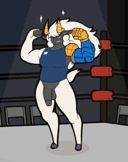 anthro bottomless clothed clothing fighting_ring flexing genitals hooves horn humanoid_genitalia humanoid_penis male penis prosthetic prosthetic_limb scar solo texas_flag wrestling digitalpelican ultimate_mating_league dane_wallace bovid caprine domestic_sheep mammal sheep hi_res