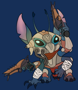 4_arms 4_fingers antennae_(anatomy) arm_wraps armor black_eyes blue_claws claws dipstick_antennae dual_wielding fingers holding_object holding_weapon multi_arm multi_limb multicolored_antennae notched_ear ranged_weapon scarf simple_background solo transparent_background weapon wraps goblinscrewdriver bungie destiny_(series) disney lilo_and_stitch stitch_(lilo_and_stitch) alien experiment_(lilo_and_stitch) 2015 alpha_channel crossover digital_media_(artwork)