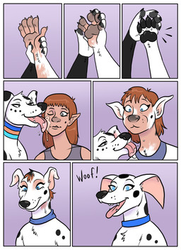 aged_up animal_noises barking black_spots blue_collar blue_eyes bottomwear brown_hair clothing collar dialogue duo female feral floppy_ears fur grey_clothing grey_shirt grey_tank_top grey_topwear growth hair hand_transformation licking multiple_collars shirt shorts snout snout_growth spots tank_top tf_into_fictional_character tongue topwear transformation transformation_sequence transformation_through_licking white_body white_fur bubbeh 101_dalmatian_street 101_dalmatians disney the_succubus_hunt cadpig dolly_(101_dalmatians) leader_(the_succubus_hunt) sidekick_(the_succubus_hunt) canid canine canis dalmatian domestic_dog human mammal absurd_res comic hi_res