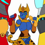 anthro armor balls claws cute_fangs fangs fellatio genitals green_eyes group handjob headgear helmet horn horned_helmet kneeling machine male male/male nipples oral penile penis sex smile spots tail teeth throbbing throbbing_penis tongue tongue_out trio warpywarp hasbro takara_tomy transformers transformers:cyberverse bumblebee_(transformers) cheetor hot_rod_(transformers) cheetah cybertronian felid feline mammal robot 1:1 animated hi_res no_sound short_playtime webm