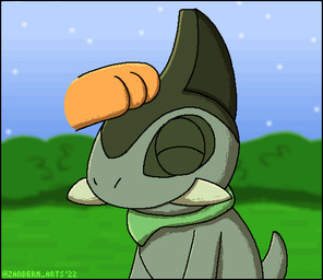 ambiguous_gender anthro disembodied_hand eyes_closed gameplay_mechanics grass green_body happy headpat plant shrub smile solo sound_effects tail tail_motion text tusks zandermanith nintendo pokemon pokemon_amie axew generation_5_pokemon pokemon_(species) 2022 2d_animation animated dated digital_media_(artwork) english_text pixel_(artwork) pixel_animation