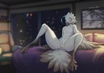 anthro anus bed blue_eyes detailed_background feathers featureless_chest female furniture genitals on_bed pussy solo spread_legs spreading white_body white_feathers wirecutter lyra_(w4g4) avian bird hi_res