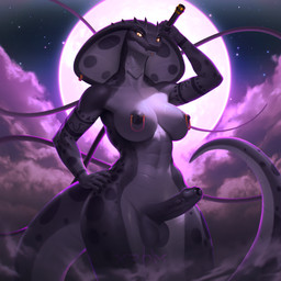 anthro athletic athletic_intersex balls breasts cloud cosmic_background facial_piercing furgonomic_piercing furgonomics genitals gynomorph intersex labret_piercing lip_piercing moon nipple_piercing nipples penis piercing ring_piercing snake_hood snake_hood_piercing solo space space_background x-rom reptile scalie snake 1:1 hi_res