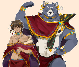 anthro body_hair body_jewelry bottomwear clothing crown duo eyes_closed flexing flexing_bicep happy happy_trail headgear jewelry loincloth male male/male neck_scar necklace neckwear piercing prothesis ring robe royalty scarf shawl thesmilingbox adastra adastra_(series) echo_project amicus_(adastra) marco_(adastra) canid canine canis human mammal wolf hi_res portrait three-quarter_portrait