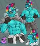 blue_body blue_fur blue_nipples bottomwear breath clothed clothing clothing_lift female fur gesture gloves grey_bottomwear grey_clothing grey_pants grey_shirt grey_topwear hair hand_gesture handwear happy horn looking_at_viewer male male_focus mohawk multicolored_hair muscular muscular_male nipples pants pinata rainbow_hair saddle shirt shirt_lift smile smirk sweater_around_waist teeth thumbs_up topless topless_male topwear unicorn_horn wool_(fur) its_coldpizza epic_games fortnite llambro llana_(fortnite) animate_inanimate camelid living_pinata llama mammal hi_res multiple_images