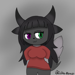 anthro black_hair bottomwear breasts chibi clothed clothing female fur green_eyes grey_background grey_body grey_fur hair heterochromia horn looking_at_viewer multicolored_eyes pants pose purple_eyes simple_background smile smug smug_face solo sweater tail topwear blista_kanjo lucy_(thisaccountdoesexist) demon domestic_cat felid feline felis hybrid mammal 1:1 2024 digital_drawing_(artwork) digital_media_(artwork) hi_res shaded signature watermark