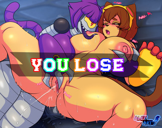 1_eye anthro areola big_breasts big_butt blush bodily_fluids breasts brown_body brown_hair butt clothing duo ejaculation eyewear eyewear_on_head female female/female fingers fur genital_fluids genitals goggles hair headgear headwear huge_breasts huge_butt huge_thighs looking_pleasured machine masturbation nipples nude open_mouth orgasm_face simple_background smile spread_legs spreading tail teeth text thick_thighs tongue vaginal vaginal_fluids vaginal_squirting vulva whiskers wide_hips alex_art's gameoverse glitch_productions kit_bodega malice_(gameoverse) animal_humanoid domestic_cat felid feline felis humanoid mammal mammal_humanoid robot absurd_res digital_media_(artwork) english_text hi_res