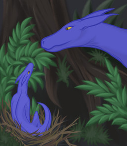 ambiguous_gender blue_body duo feral forest grass nest plant quadruped tree yellow_eyes young varinating mythology dragon mythological_creature mythological_scalie scalie absurd_res hi_res