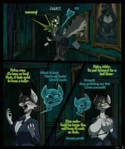 anthro areola big_areola big_breasts big_nipples breast_grab breasts business business_attire business_suit businesswear clothing duo female footwear grope hair hair_bun hand_on_breast haunted haunted_house holidays nipples possession suit text toby_art halloween canid canine fox ghost mammal spirit suid suine 5:6 absurd_res comic english_text hi_res painting_(artwork)