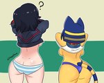 anthro back_boob breasts butt clothed clothing clothing_lift duo female panties pattern_clothing pattern_underwear question_mark rear_view shirt shirt_lift simple_background striped_clothing striped_underwear stripes topwear underwear undressing drshyguydraws animal_crossing kill_la_kill nintendo studio_trigger ankha_(animal_crossing) ryuko_matoi domestic_cat felid feline felis human mammal 5:4 absurd_res crossover hi_res