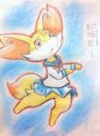 ambiguous_gender canid canine clothing dialogue eiroru fennekin feral generation_6_pokemon graphite_(artwork) hi_res japanese_text mammal mixed_media nintendo pastel_(artwork) pencil_(artwork) pokemon pokemon_(species) school_uniform semi-anthro solo text traditional_media_(artwork) translated uniform