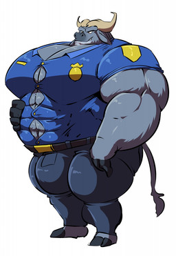 abs anthro belt big_muscles blue_uniform bottomwear bulge clothing fur grey_body grey_fur hand_on_belly hooves horn huge_muscles hyper hyper_muscles male musclegut muscular muscular_anthro muscular_male navel pants police police_uniform solo teeth uniform bobert disney zootopia chief_bogo bovid bovine cape_buffalo mammal 2018 digital_media_(artwork) hi_res