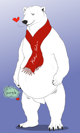4_toes 5_fingers abdominal_bulge ambiguous_gender ambiguous_pred anthro anthro_pred belly big_belly biped bipedal_feral blue_background bodily_noises endosoma featureless_crotch feet feral fingers front_view fur heart_reaction heart_symbol mostly_nude motion_lines narrowed_eyes offscreen_character onomatopoeia oral_vore plantigrade red_scarf rumbling_stomach safe_vore scarf scarf_only semi-anthro shadow simple_background smile soft_vore solo sound_effects standing text toes vore white_body white_fur azathura bear mammal polar_bear ursine 2015 digital_media_(artwork) hi_res