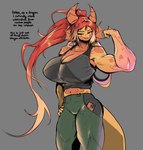 anthro big_breasts breasts clothed clothing ear_piercing female flesh_tunnel gauged_ear hair horn huge_breasts looking_at_viewer muscular muscular_female piercing red_hair simple_background smile solo tail text topwear awr_hey mythology zoe_(awr_hey) dragon mammal mythological_creature mythological_scalie scalie 2023 digital_drawing_(artwork) digital_media_(artwork) english_text hi_res