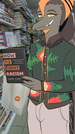 anthro bag black_body book bottomwear brown_body brown_hair clothed clothed_anthro clothed_male clothing floral_print front_view grey_bottomwear grey_clothing grey_pants hair holding_book holding_object jacket looking_at_viewer male markings orange_body orange_eyes pants photo_background racism scar short_hair smile smirk solo standing striped_markings stripes text topwear wings jaaayyaaay cavemanon_studios goodbye_volcano_high ko_op_(game_developer) snoot_game naser_(gvh) prehistoric_species pterosaur reptile scalie 9:16 colored english_text hi_res mixed_media photography_(artwork) shaded