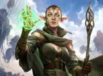 blue_sky cloak clothing cloud female floating floating_island glowing green_eyes green_sclera magic magic_circle magic_user not_furry sky solo staff wesley_burt hasbro magic:_the_gathering nissa_revane planeswalker elf humanoid official_art