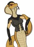 anthro apode armor black_eyes body_armor breasts clothing female gauntlets gloves handwear legless non-mammal_breasts pupils red_sclera scales serpentine simple_background slit_pupils snake_hood solo tongue tongue_out white_background white_pupils yellow_body yellow_scales naughtysableye x-com draconcopode naga reptile scalie snake viper_(x-com)