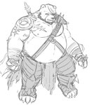 anthro armor belly big_belly eye_patch eyewear kemono male moobs nipples overweight overweight_male scar simple_background solo tattoo weapon white_background mtflying30371 bear mammal 2017 low_res monochrome sketch